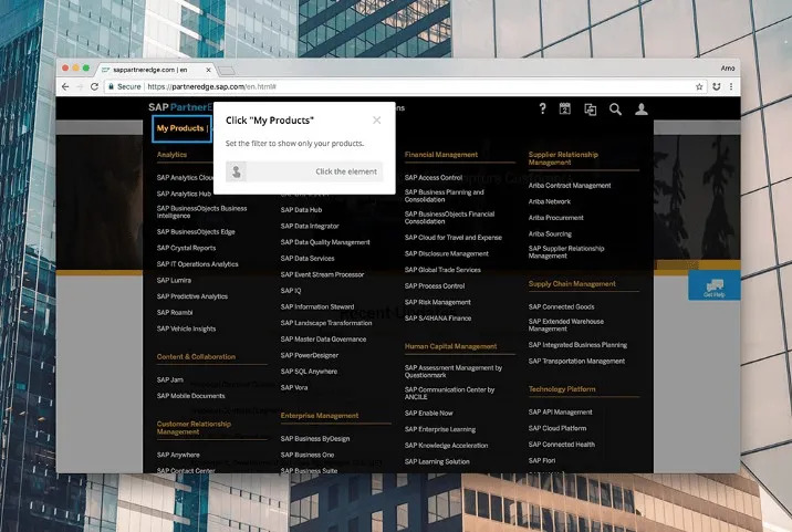 Userlane guide on a SAP dashboard image for the interview with Siftery