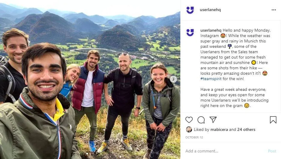 Instagram post of Userlane's sales team on a hike in the Bavarian alps. 