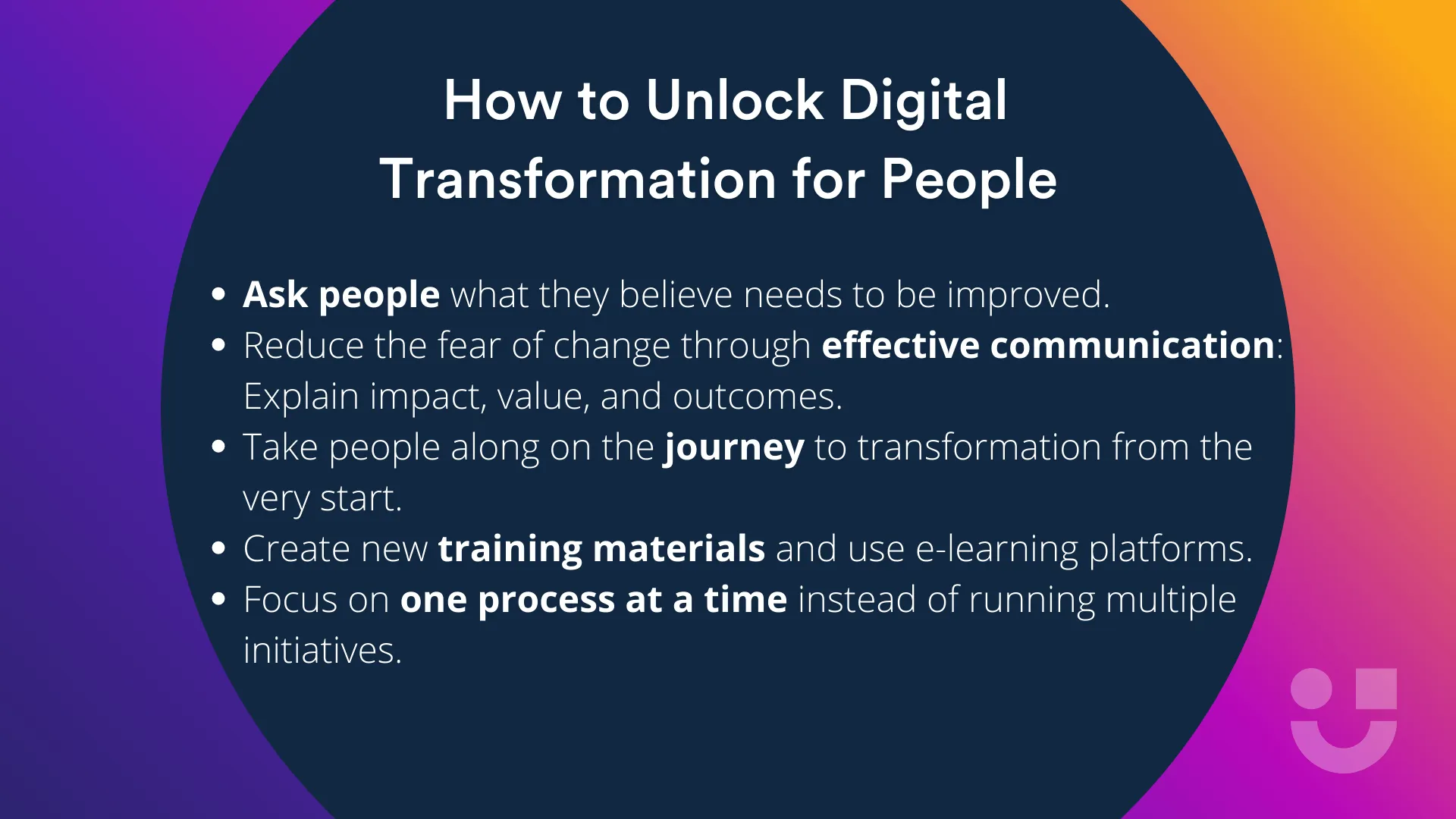 key takeaways on how to unlock digital transformation for people written in white on a navy blue background