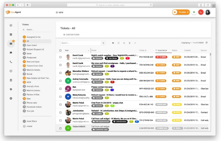 liveagent customer success software showing tickets from customers