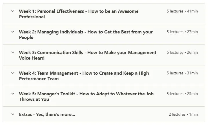 online product management course outline of new manager’s 5-week success system offered on udemy, an MOOC platform