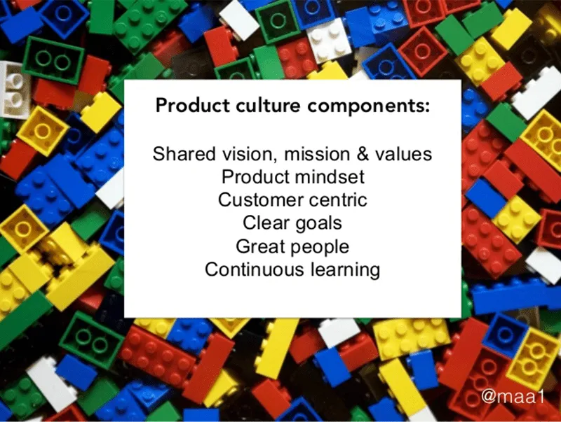 slide with background of legos discussing components of product culture 