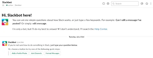 screenshot of Slack's slackbot