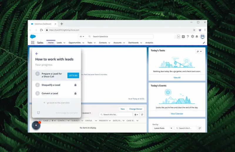 userlane's virtual assistant for salesforce that offers constant performance support displaying the chapters for how to work with leads. The virtual assistant is positioned to the left of the screen.