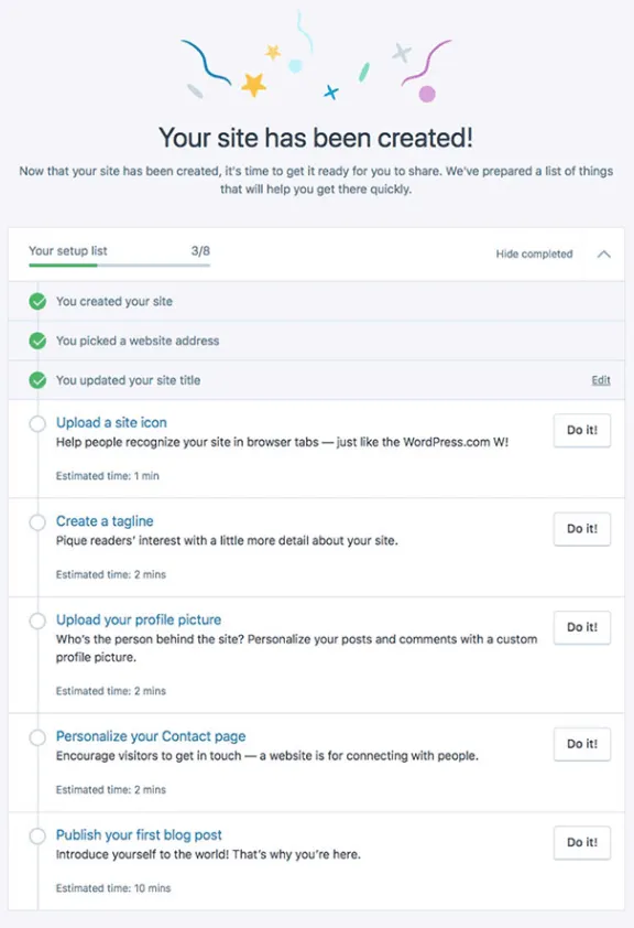 screenshot of wordpress showing how checklist works in onboarding