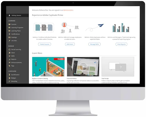 adobe captivate prime enterprise lms displayed on a computer screen