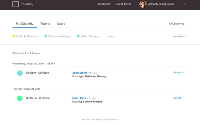 ui of work management software calendly