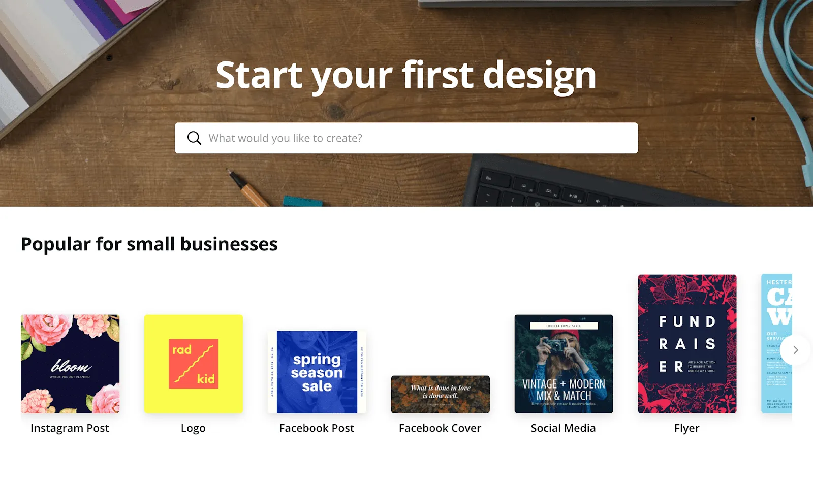 screenshot of canva asking users to start first design