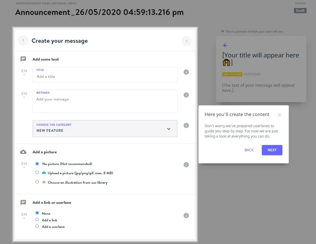 steps on how to create a userlane announcment
