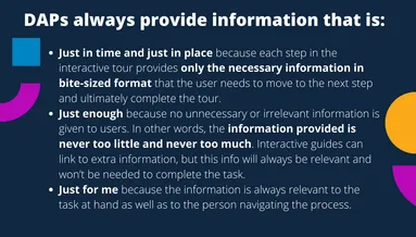 summary of how digital adoption platforms provide just in time, just in place, just enough, and just for me learning and performance support written on a navy blue background in white text with the userlane logo