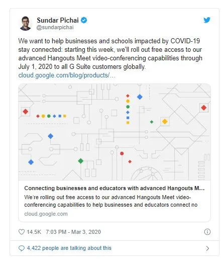 tweet from sundar pichai about free access to google hangouts meet during covid-19 pandemic