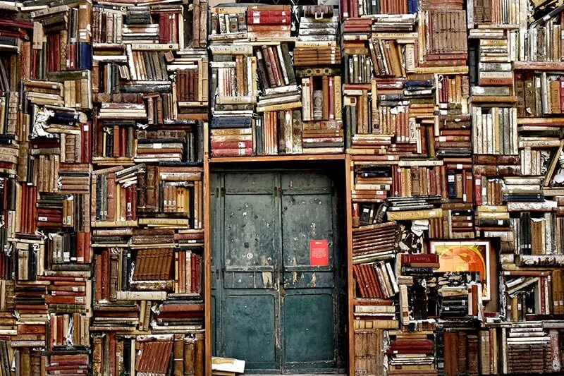 an old door with book shelves