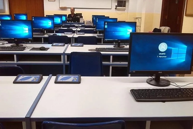 software training room with computers and desks