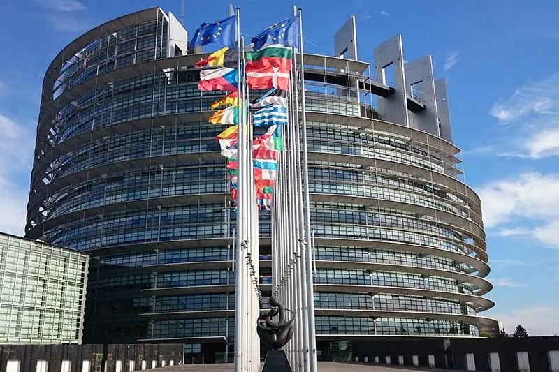a large institutional building with European Union countries flags