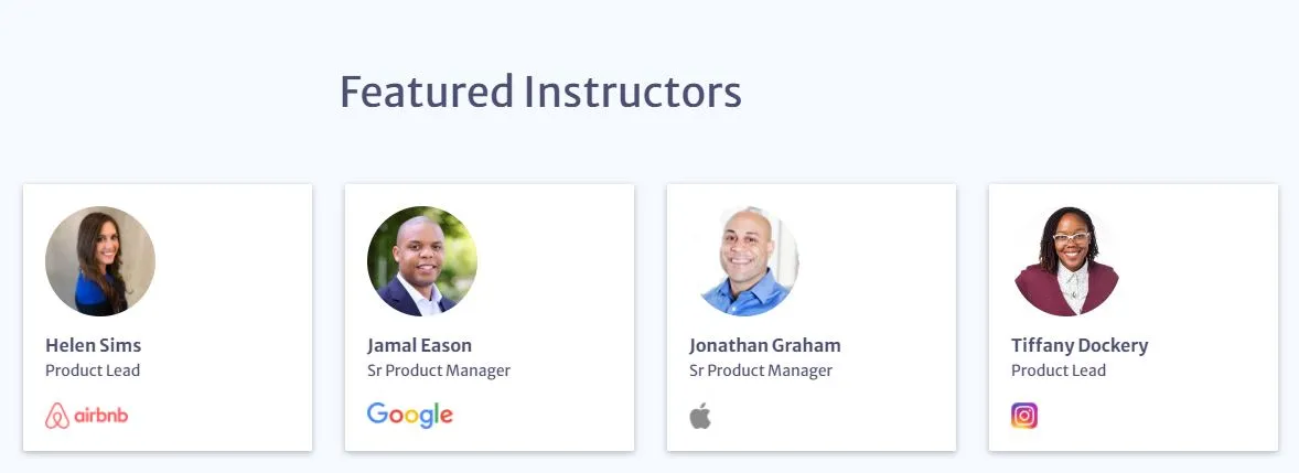 product school's featured instructors from airbnb, google, apple, and instagram for their online product management courses