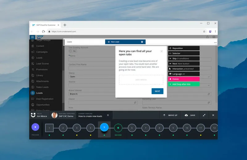 screenshot of userlane for sap cloud for customer