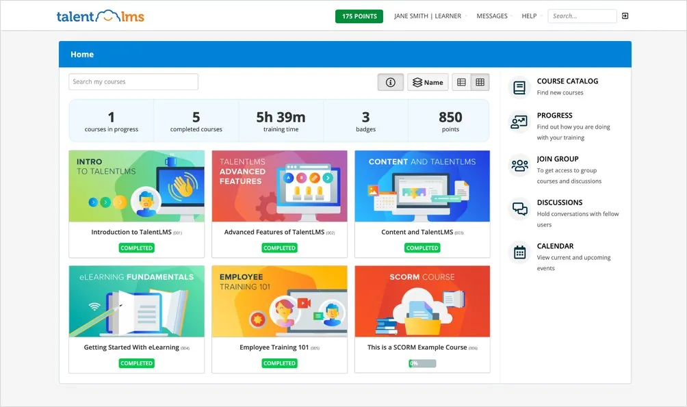 screenshot showing talentlms learner dashboard