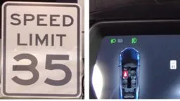 tesla car illustration and speed sign showing manipulated speed of 85 mph