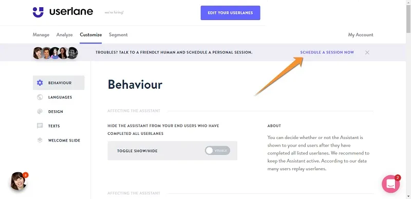 screenshot of the Userlane dashboard that shows how users can schedule a call with a customer success agent