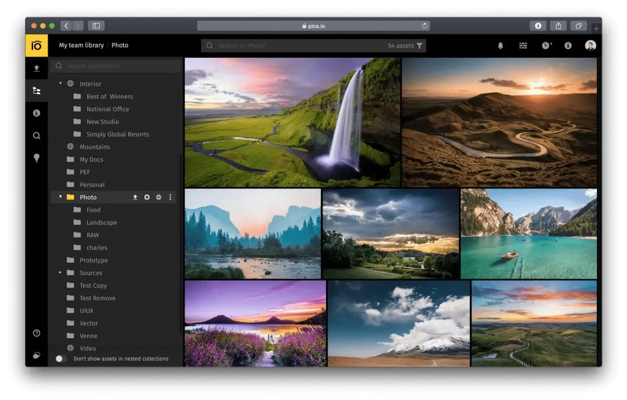 digital asset management platform pics.io showing team library and images of lakes and waterfalls