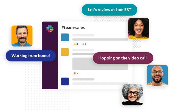 photos of employees around an illustration of remote working software slack's UI