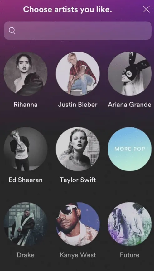 screenshot of spotify asking users to choose artists they like