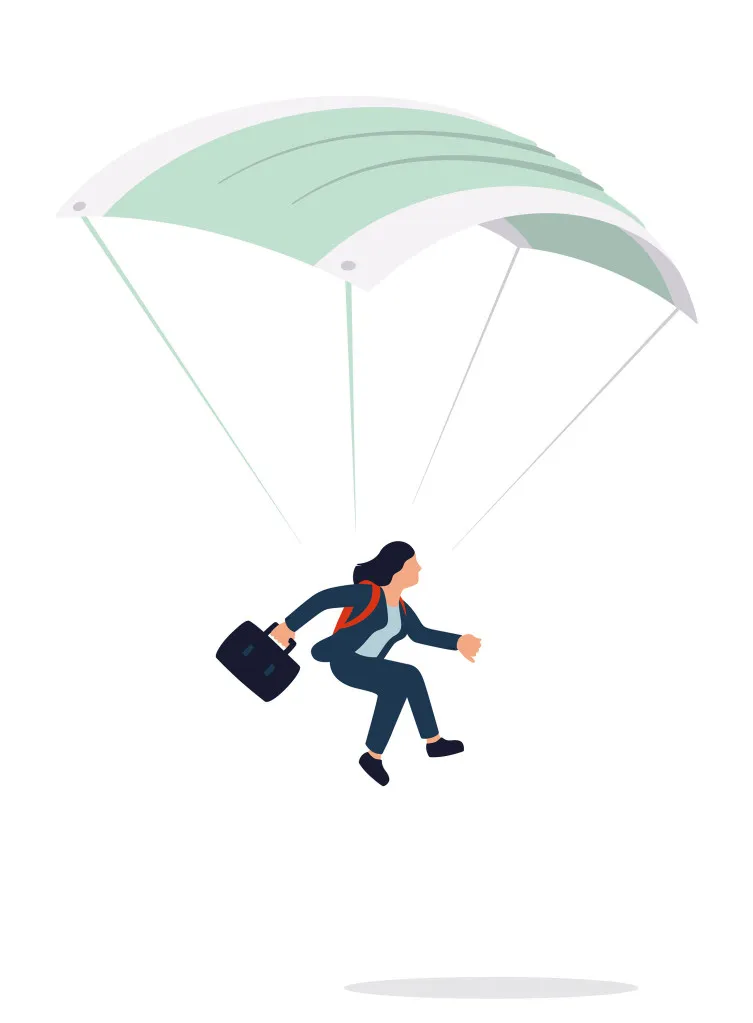 illustration of business woman holding suitcase landing on ground with parachute