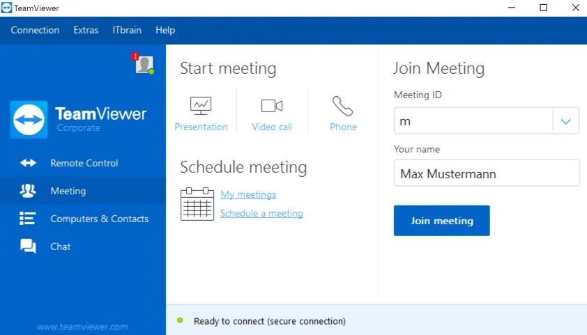 screenshot showing remote working software teamviewer's meet and collaborate with colleagues UI