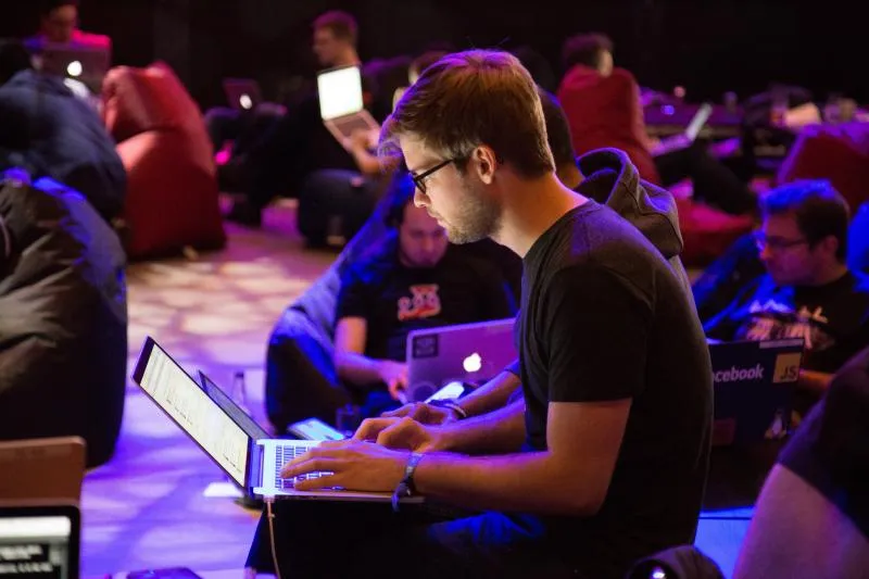 people going through a product tour at a tech conference