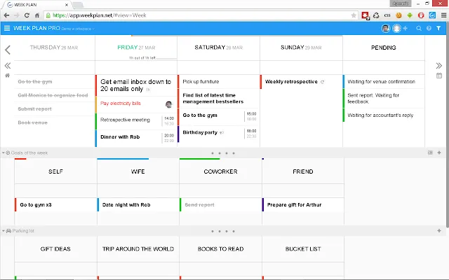screenshot of project management tool week plan