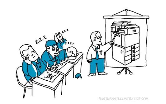 illustration of bored xerox employees learning tech skills